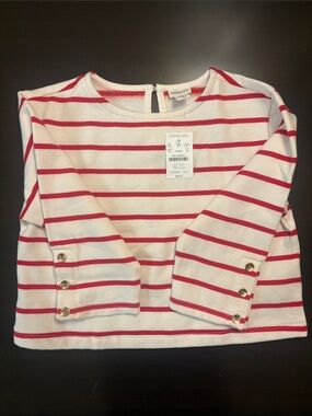 Crewcuts Cream & Red Striped Long Sleeve Top with Button Cuffs